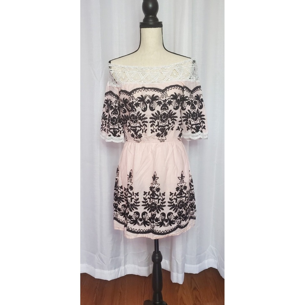 Pink Prairie Sun Dress Coldshoulder White Knitting Details Summer Mini A2